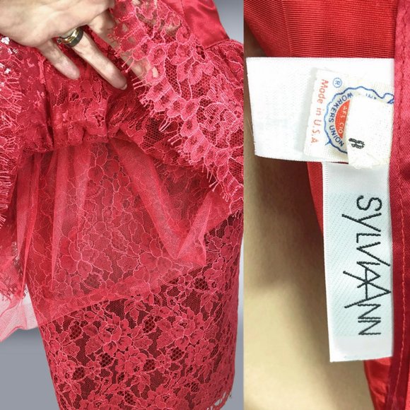 Vintage 80s Red Satin and Lace Peplum Cocktail Party Dress by Sylvia Ann Size 8 - Picture 9 of 10